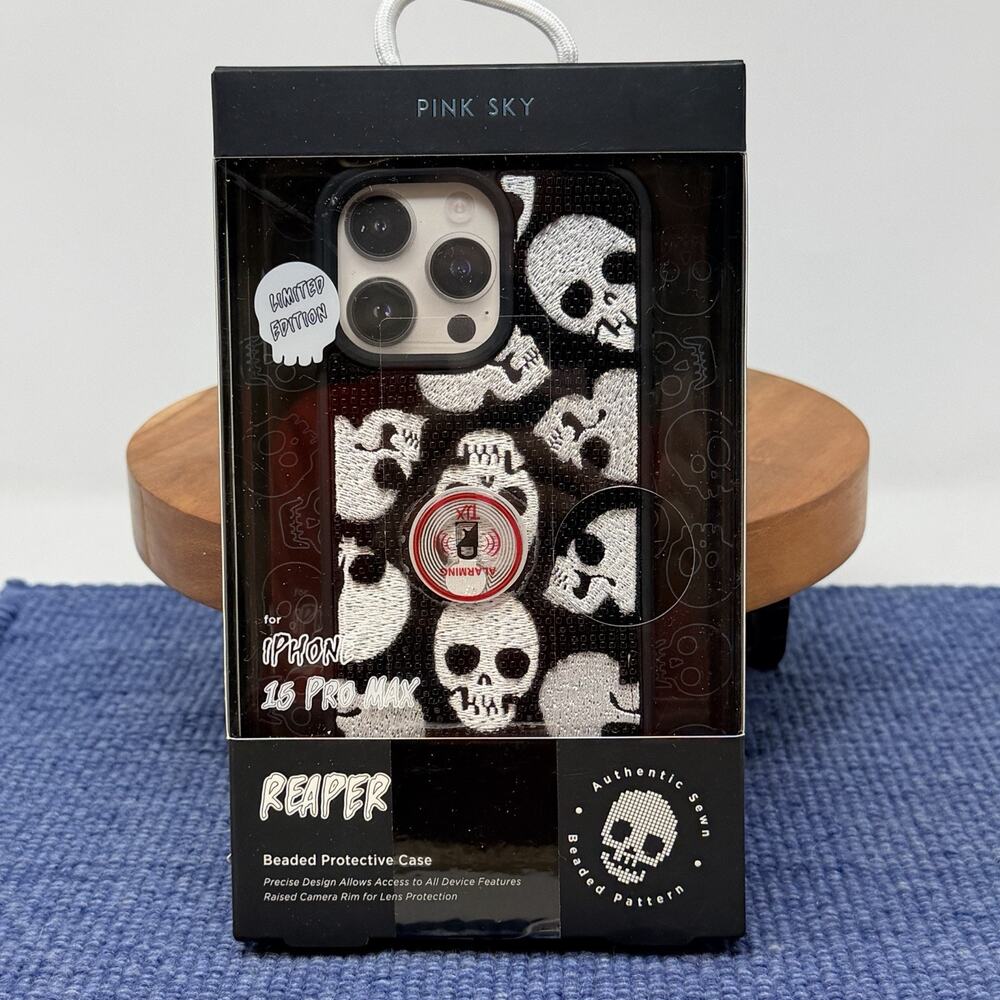 Pink Sky Reaper Embroidered Beaded Skull Protective Case iPhone 15 Pro Max NEW!